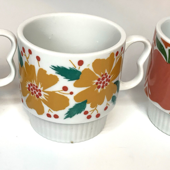 Nevco Japan Stackable Coffee Mugs Set Of 4 1960s MCM Fruit Floral - Picture 5 of 14